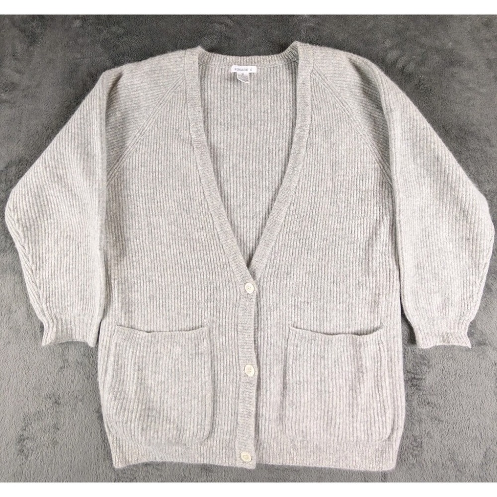 Cardigan‎ S Grey Angora Lambswool Grannycore Ribbed Soft Button Pocket Susann D